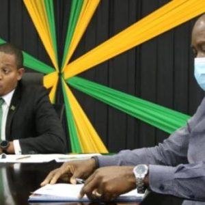 Floyd Green (left), Minister of Agriculture and Fisheries, in discussion with Jamaica-born Canadian Michael Allen, Founder and CEO of Land We Love Organic Greenhouses (contributed photo